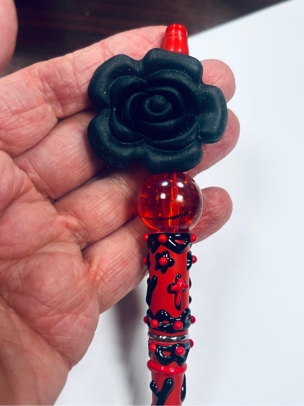 HAND BEADED Red and Black Pen with Glass Bead Rose Top NEW